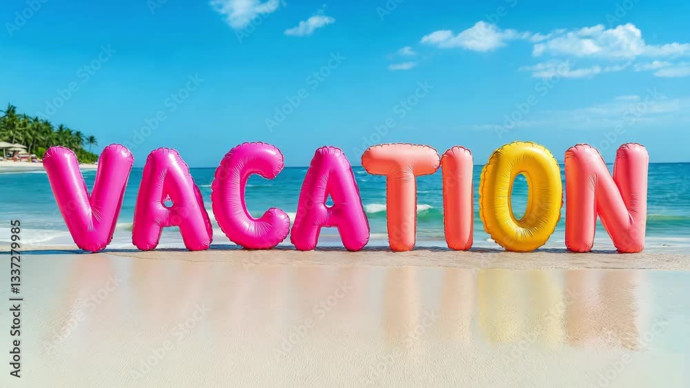 Colorful letters spelling vacation sit on a sandy beach with a clear blue sky and calm ocean in the background