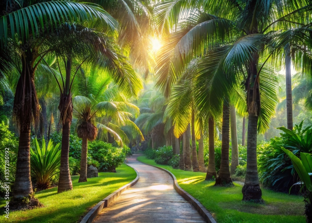 Fototapeta premium Serene Palm Tree Pathway: Tranquil Nature Escape Stock Photo