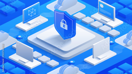 Cybersecurity Cloud Solutions. Shield and lock symbols over a cloud, representing advanced encryption and data protection measures in cloud services. Perfect for showcasing online cybersecurity.