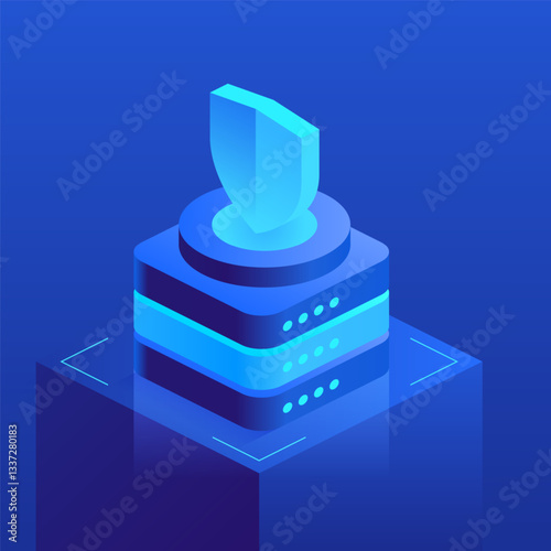 A shield atop server stacks symbolizes digital security and protection, representing cybersecurity for sensitive data. Secure solutions and futuristic digital protection in the cybersecurity field.