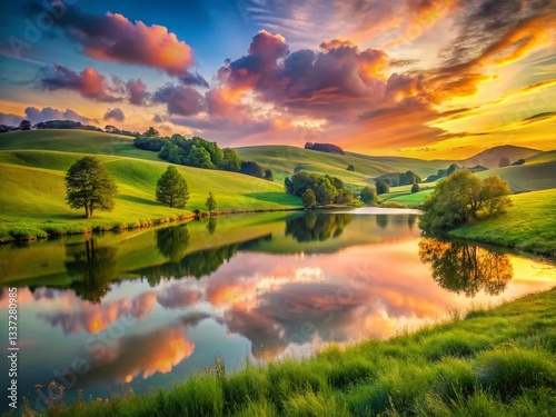 Serene Sunset Landscape: Peaceful Meadow, Calm Lake, Relaxing Nature Scene