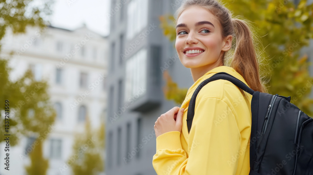 Fototapeta premium Urban autumn walk with stylish model in yellow jacket and backpack
