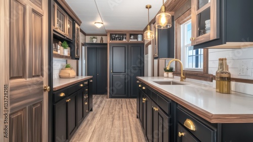 A stylish kitchen with deep brown wood cabinets, accented by black trim and brass handles