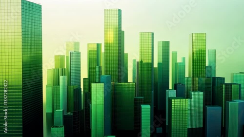 Futuristic Cityscape with Tall, Green Tinted Skyscrapers Under Hazy Sky Modern Architecture and Dynamic Urban Skyline Creating Eco Friendly Environment