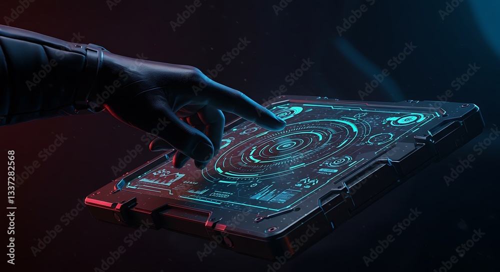 Naklejka premium Sleek futuristic digital tablet interface glowing with neon blue and cyan concentric circles and data visualizations, concept for advanced technology, interactive display and scientific research
