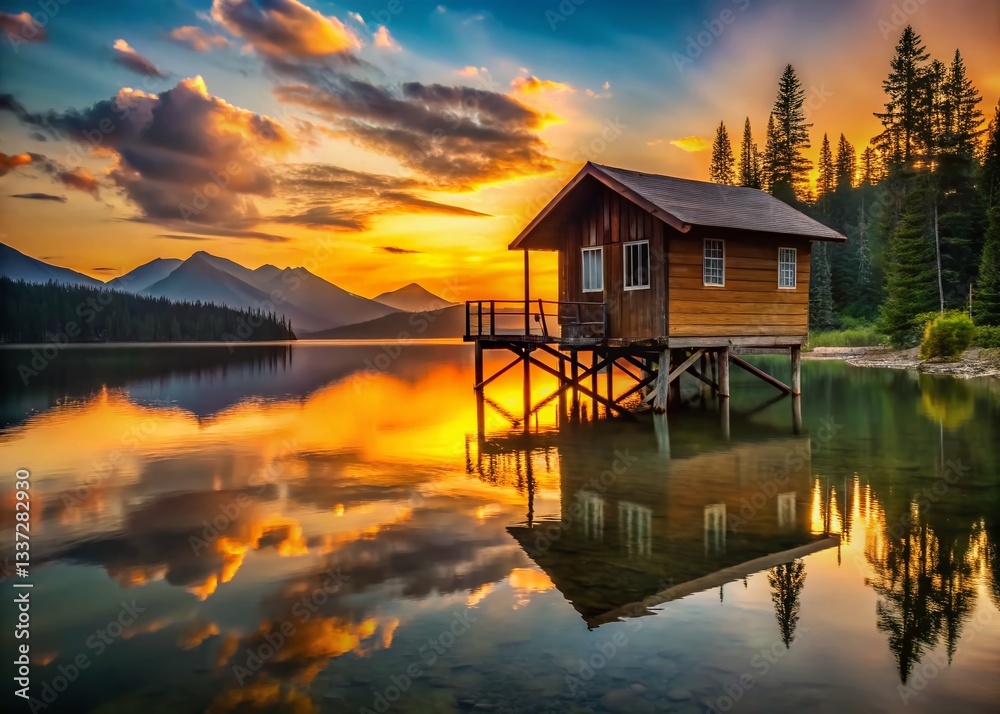 Obraz premium Silhouette Fisherman's Stilt House on Calm Lake at Sunset - Modern Wooden Cabin Cottage
