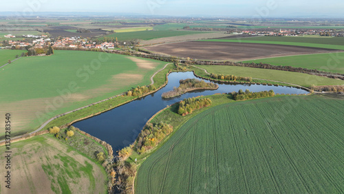 Pond Celcice dam flood autumn fall protection anthropogenic lake water sport fishing landscape area territory. Created wetland reclamation, past civilization destruction landscape devastation, Europe
