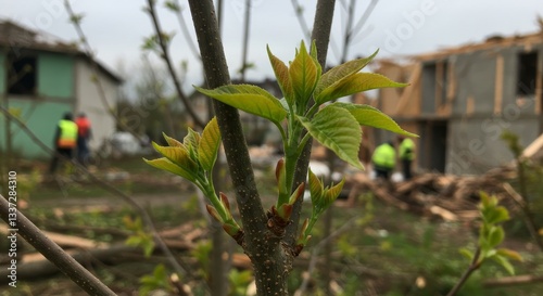 Community Renewal: Small Tree's Regrowth After Storm - Symbolizing resilience, hope, rebirth, recovery, and community rebuilding after disaster. A small tree sprouts new leaves amidst storm damage photo