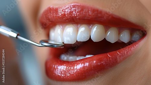 Dental filling procedure captured detailed closeup of womans mouth dentist applies composite filling ultrahigh detail on the lips glossy reflection of teeth and a softly blurred sterile background photo