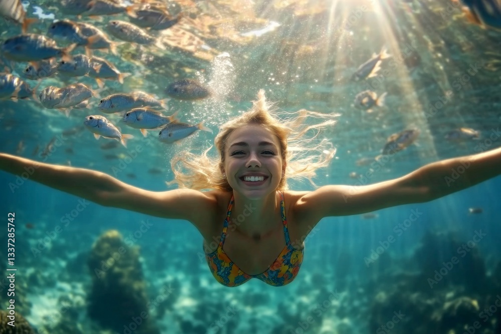 Fototapeta premium Bright commercial style image. A gorgeous and sexy happy caucasian young woman with blond hair with a happy face snorkeling among the corals. A dense school of silver fish swims next to her.