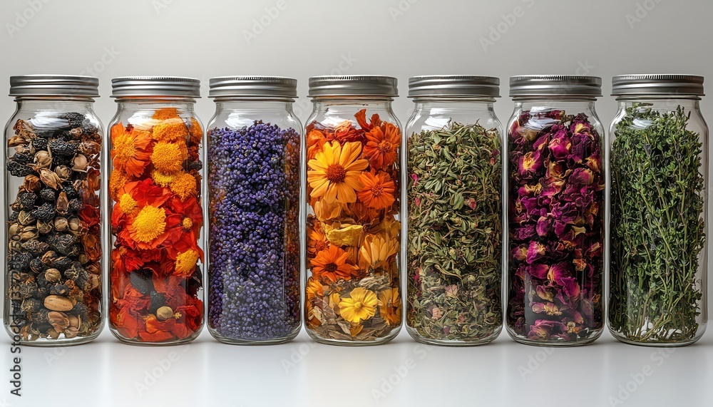 An Assorted glass jars filled with vibrant dried flowers, herbs, and fruits displayed against a clean white background