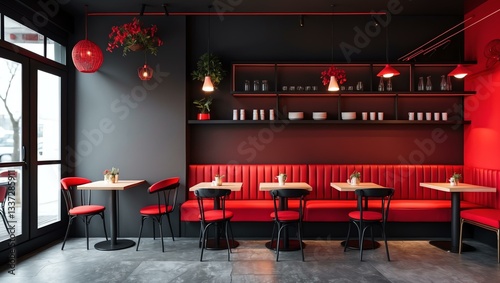 Aesthetic gradient black to red themed cafe interior concept