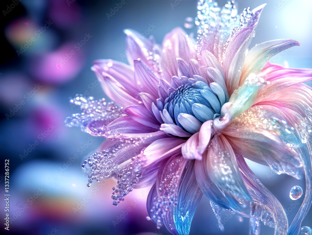 Obraz premium A stunning flower displays vibrant colors with delicate water droplets adorning its petals. The background features soft hues that enhance the flower's beauty and elegance.
