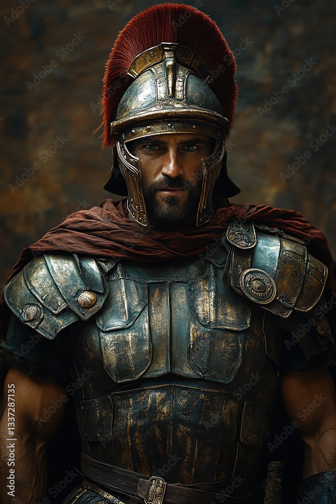 Roman gladiator in full armor, standing strong against a textured wall Roman gladiator in full armor, standing strong against a textured wall