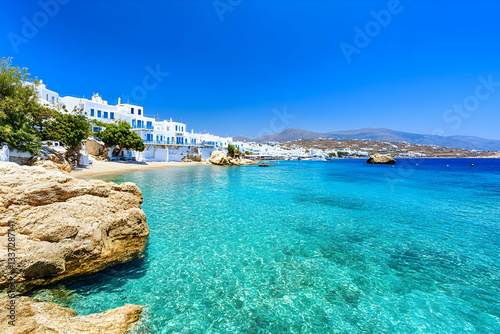 Idyllic coastal scene turquoise water, whitewashed buildings, rocky shore, sunny sky