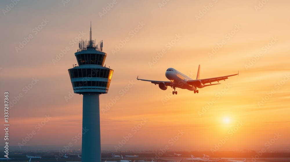 airport control tower, an air traffic control tower amidst a bustling airport, with aircraft in blurred motion around it airport control tower, an air traffic control tower amidst a bustling airport, with aircraft in blurred motion around it