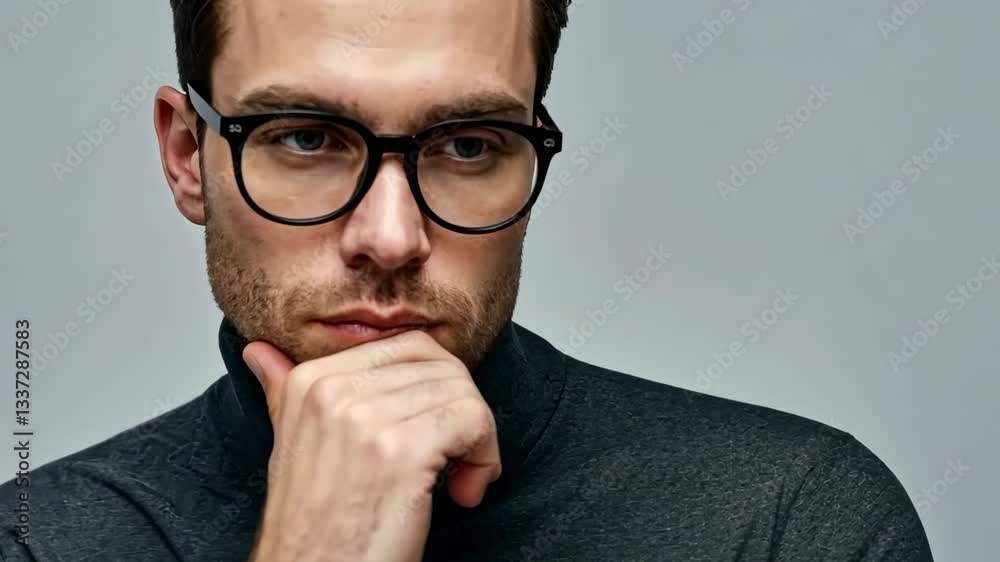 Pensive man in glasses contemplating thoughts with subtle movements and expressions Pensive man in glasses contemplating thoughts with subtle movements and expressions