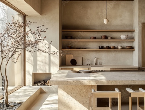 A modern kitchen with warm tones and natural light accents