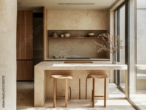 A modern kitchen design featuring natural materials and simple decor