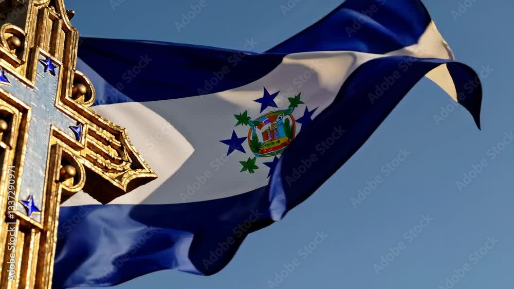 National celebration featuring the flag of Honduras and a cross under a clear blue sky