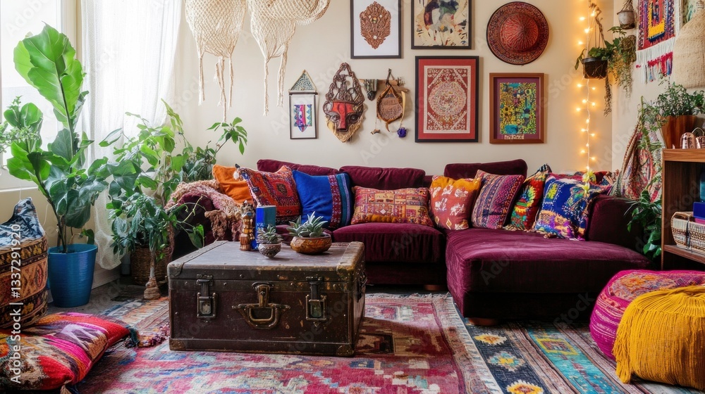 Naklejka premium Cozy Boho Chic Living Room. A Stylish and Relaxing Space with Colorful Pillows, Woven Textures, and Greenery. Modern Home Decor and Real Estate Concept.