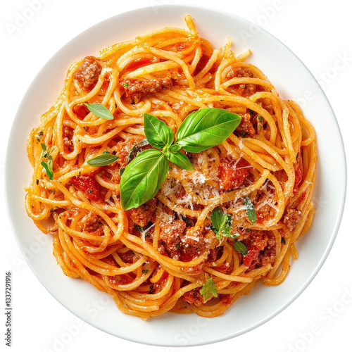 Savory spaghetti pasta topped with meat, cheese, and fresh herbs for a satisfying meal, Spaghetti pasta with meat and cheese isolated on Transparent background
