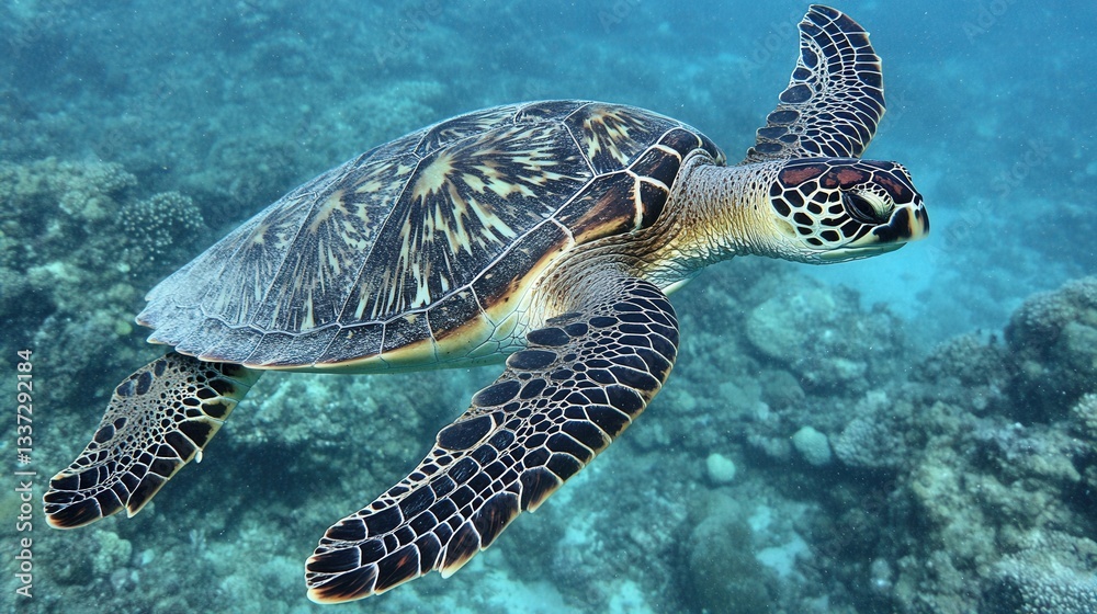 Fototapeta premium A swimming sea turtle shown underwater with details of its body