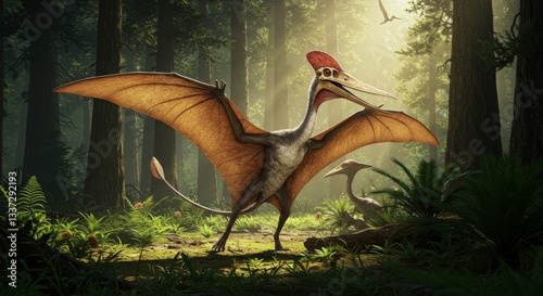 Fototapeta Naklejka Na Ścianę i Meble -  Forest Quetzalcoatlus: A Giant Pterosaur Landing - Majestic prehistoric pterosaur, ancient forest, vibrant sunlight, prehistoric era, freedom