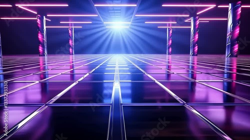 Neon-lit, futuristic, reflective space with vibrant purple and blue lighting.  A pathway of mirrored squares leads into a bright central point
