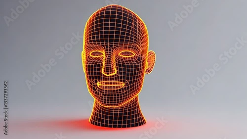 Futuristic Technological Digital Wireframe of Human Head with Glowing Orange and Red Lines on Neutral Background Showcasing Advanced Design Concepts