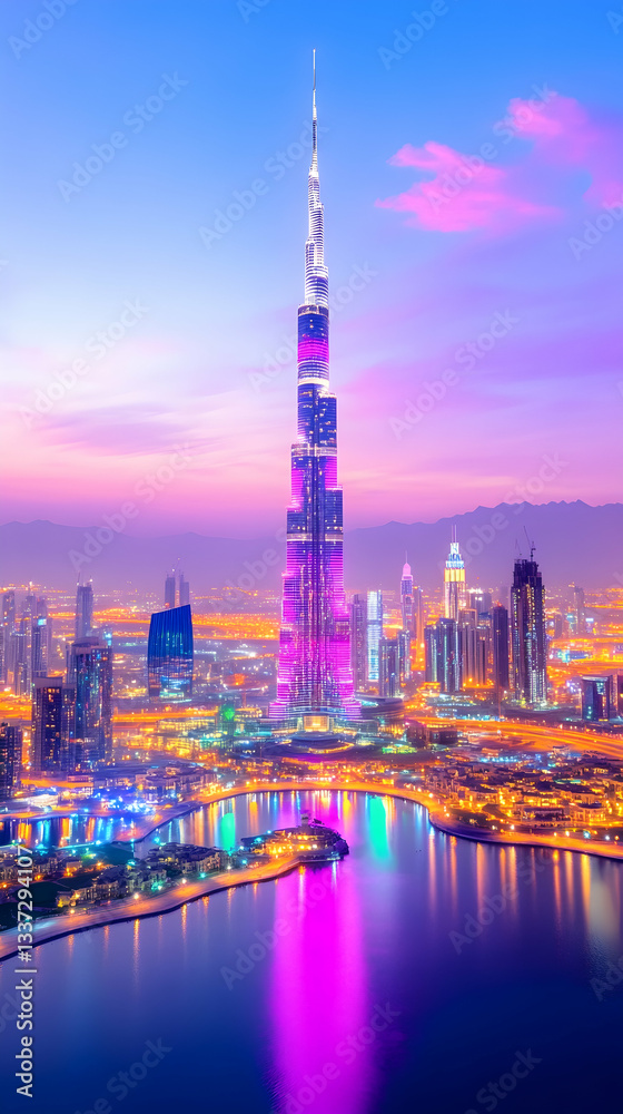 Obraz premium Illuminated skyscraper at dusk, reflecting in calm water, surrounded by city lights