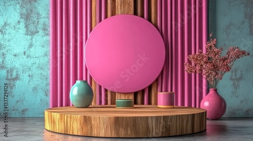 A round wooden podium stands on a minimalist abstract background designed for product presentation, complete with a pastel-colored wall and a flowing pink curtain
