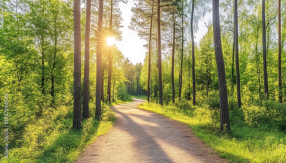 Obraz premium Sunlit Forest Path for Spring Sunrise.