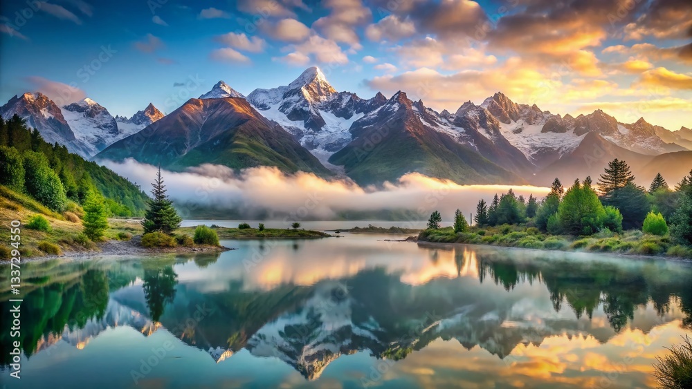 Fototapeta premium Stunning Foggy Morning at Mount Cook, New Zealand: Snow-Capped Peaks, Tranquil Lake, and Lush Greenery