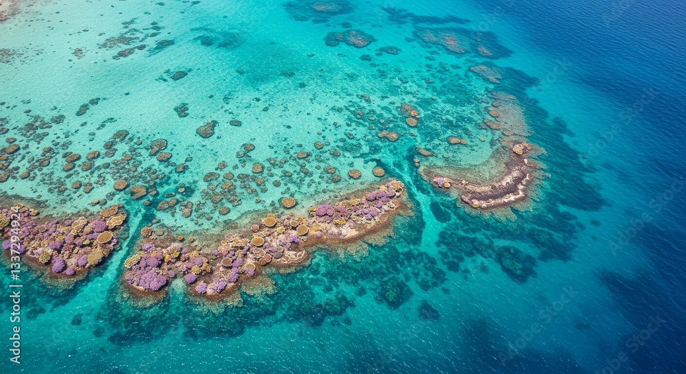 Fototapeta premium A bird’s-eye view of a vibrant coral reef in crystal-clear turquoise waters, teeming with marine life