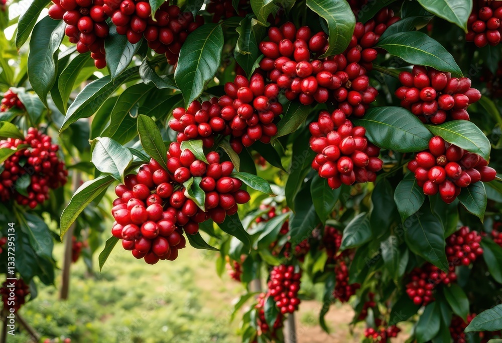 Coffee tree laden with ripe red coffee cherries on a lush plantation, photography, shade Coffee tree laden with ripe red coffee cherries on a lush plantation, photography, shade