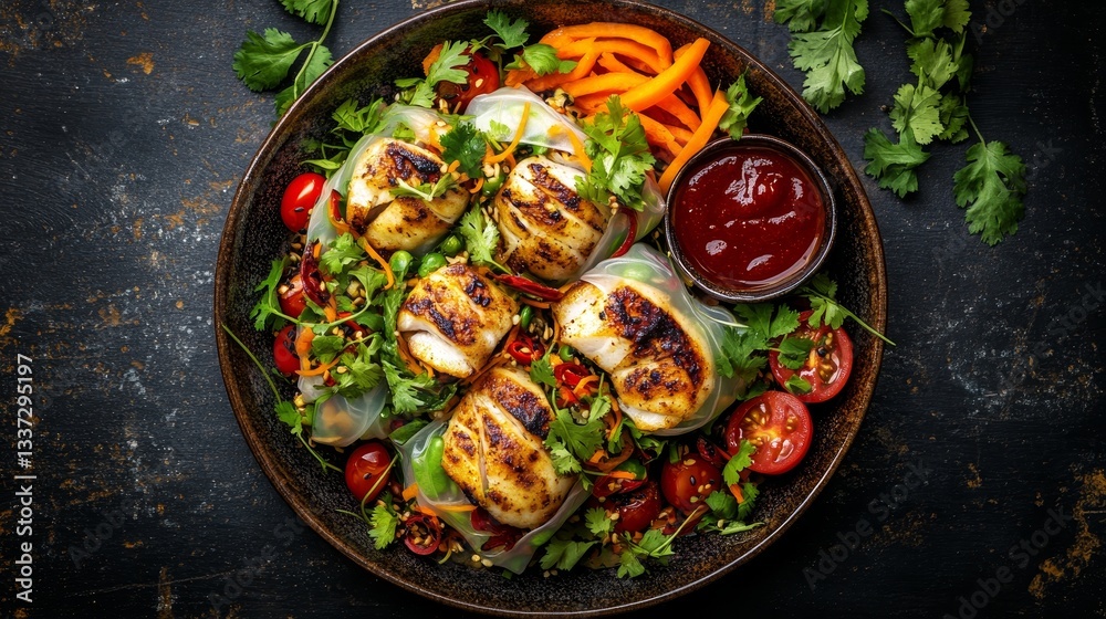A plate of colorful rice paper rolls served with a side of dipping sauce A plate of colorful rice paper rolls served with a side of dipping sauce