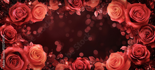 Red roses background, A luxurious, shimmering frame made of roses., A luxurious, shimmering border made of roses.