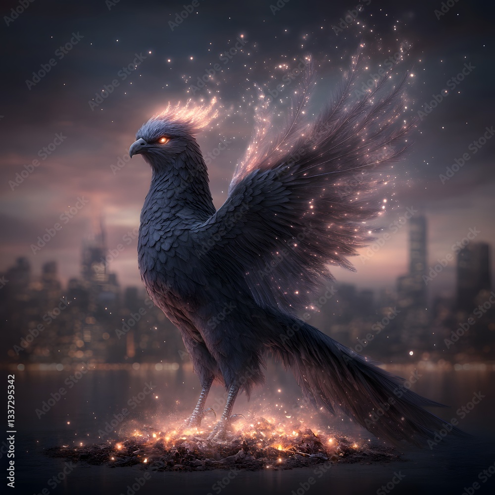 Fototapeta premium Fiery phoenix cityscape fantasy art print