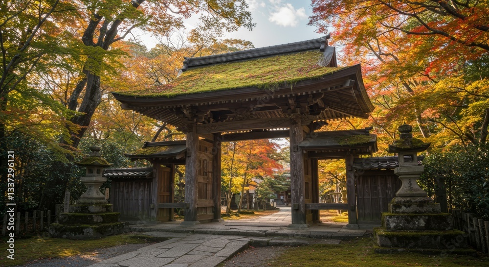 An ancient Japanese temple gate, partially covered in moss and surrounded by autumn foliage, captures the fleeting beauty of nature An ancient Japanese temple gate, partially covered in moss and surrounded by autumn foliage, captures the fleeting beauty of nature