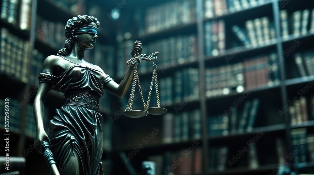 Fototapeta premium Justice statue in library, balance, law, fairness, judgment, background