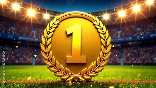 Gold medal with number one with laurel wreath on festive background sport stadium, confetti. Golden symbol of winner for 1st place, celebration, sport competition, champion games
