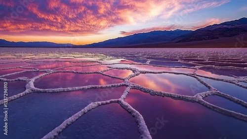 Majestic sunset over salt flats with vivid reflections in Death Valley National Park
