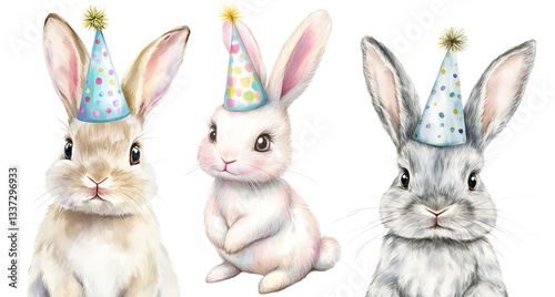 drawing portrait of cute baby easter bunny with birthday cap isolated on transparent background