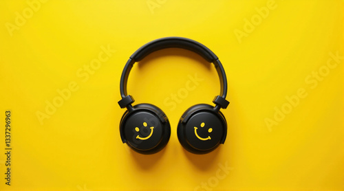 Black headphones with yellow smiley faces on a yellow background. Perfect for music, technology, and happiness concepts.