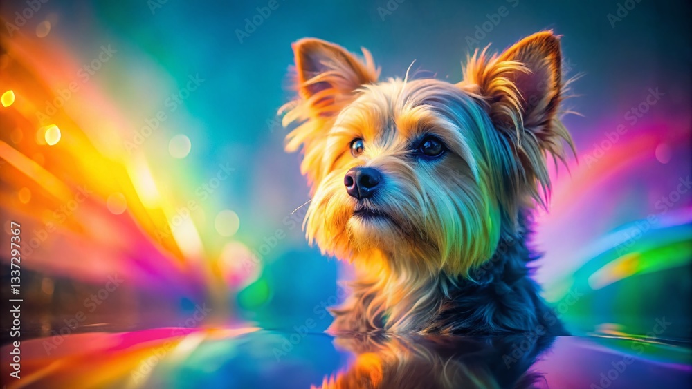Naklejka premium Sunlit Pet Portrait: Double Exposure Rainbow Glass Reflection