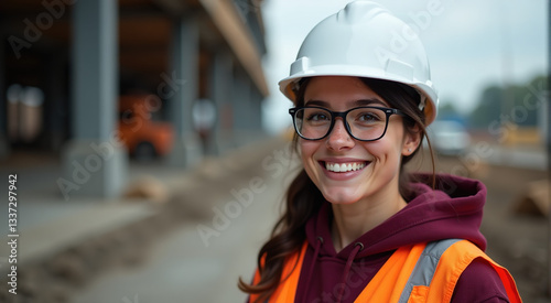 Portrait of a smiling young female engineer at a construction site, wearing a hard hat and safety vest.