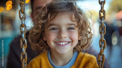 Happy child smiles on park swingset
