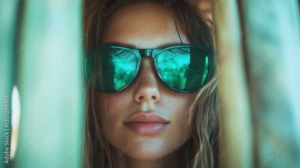 This captivating image showcases a close-up of a woman wearing green sunglasses, emphasizing her serene expression against a tropical backdrop of palm trees. This captivating image showcases a close-up of a woman wearing green sunglasses, emphasizing her serene expression against a tropical backdrop of palm trees.