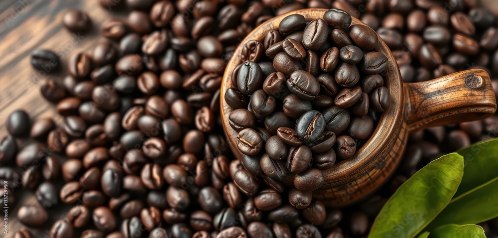 Fototapeta premium Dark roasted coffee beans overflowing from a rustic wooden cup, photography, image
